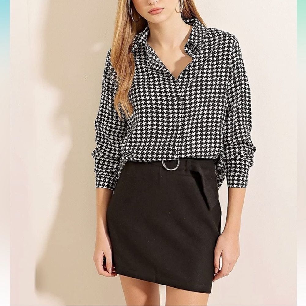 Big Dart Button Down Black and White Houndstooth Shirt Women’s Size Medium UK 12